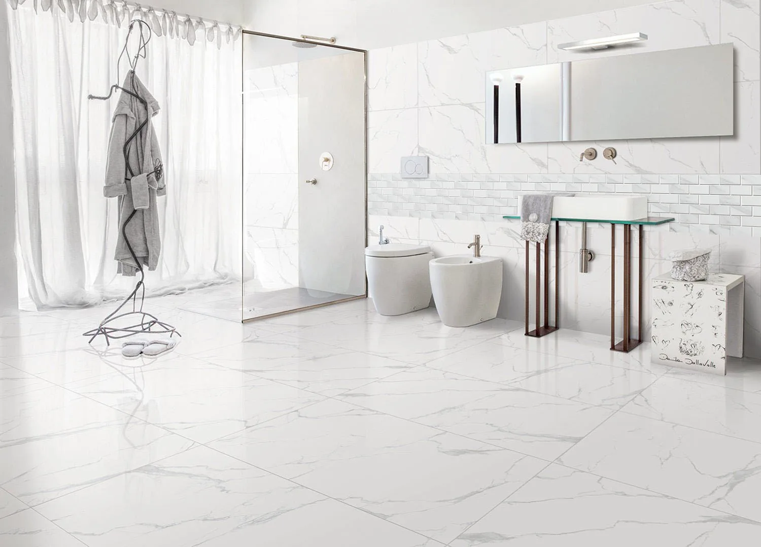 Polished Carrara style porcelain tile floor and wall installation for a luxury bathroom in Southwest Florida