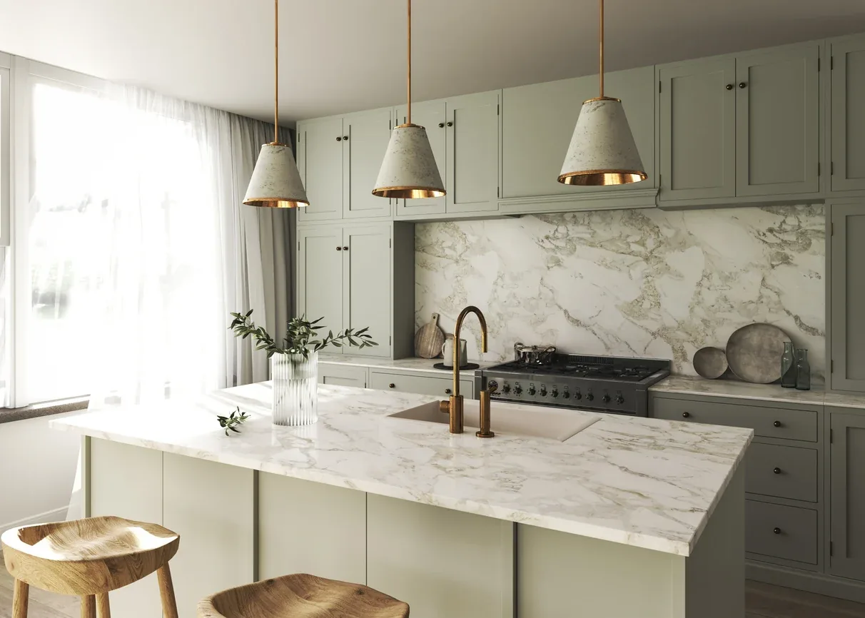 Marble kitchen backsplash tile installation in a modern kitchen remodel, Fort Myers FL