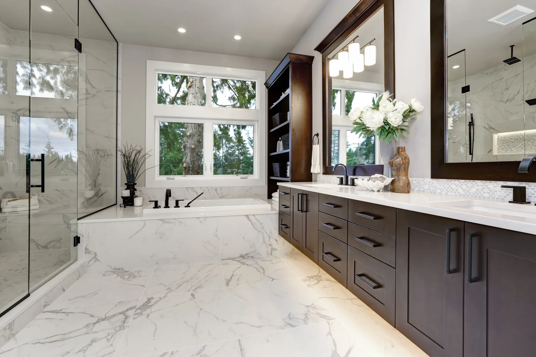 Luxury bathroom remodeling with marble look porcelain tile flooring in Fort Myers FL by Dynasty Tile