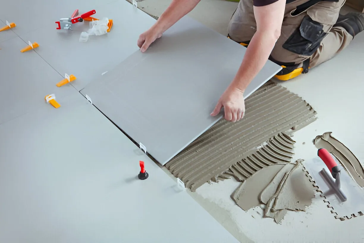 Professional tile installer setting large format porcelain floor tile with a leveling system, tile installation Fort Myers FL